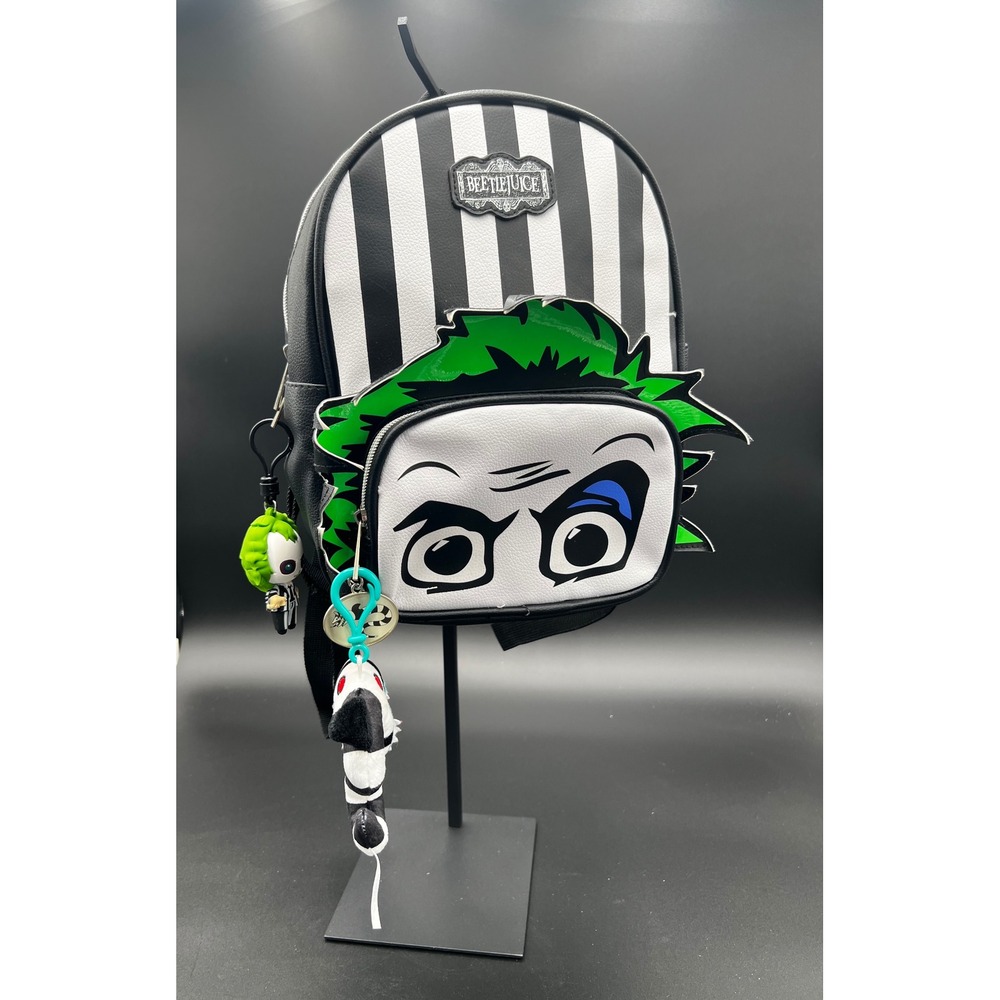 Beetlejuice Mini Backpack Black White Striped Faux Leather Sandworm Charms